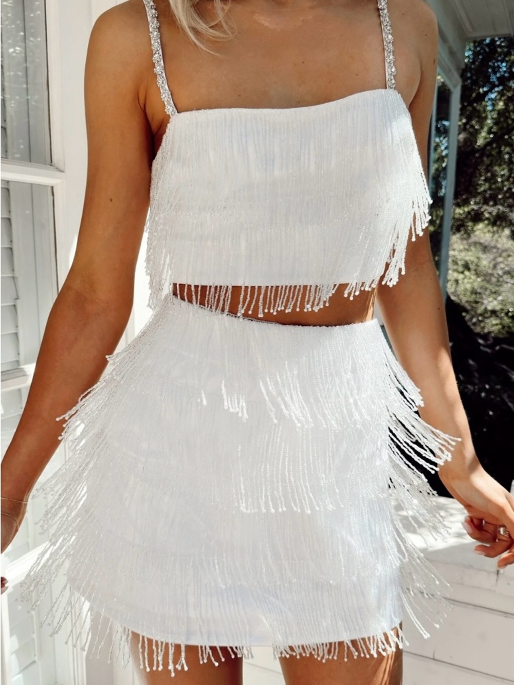Show Me Your MuMu White Beaded Fringe Mini Skirt